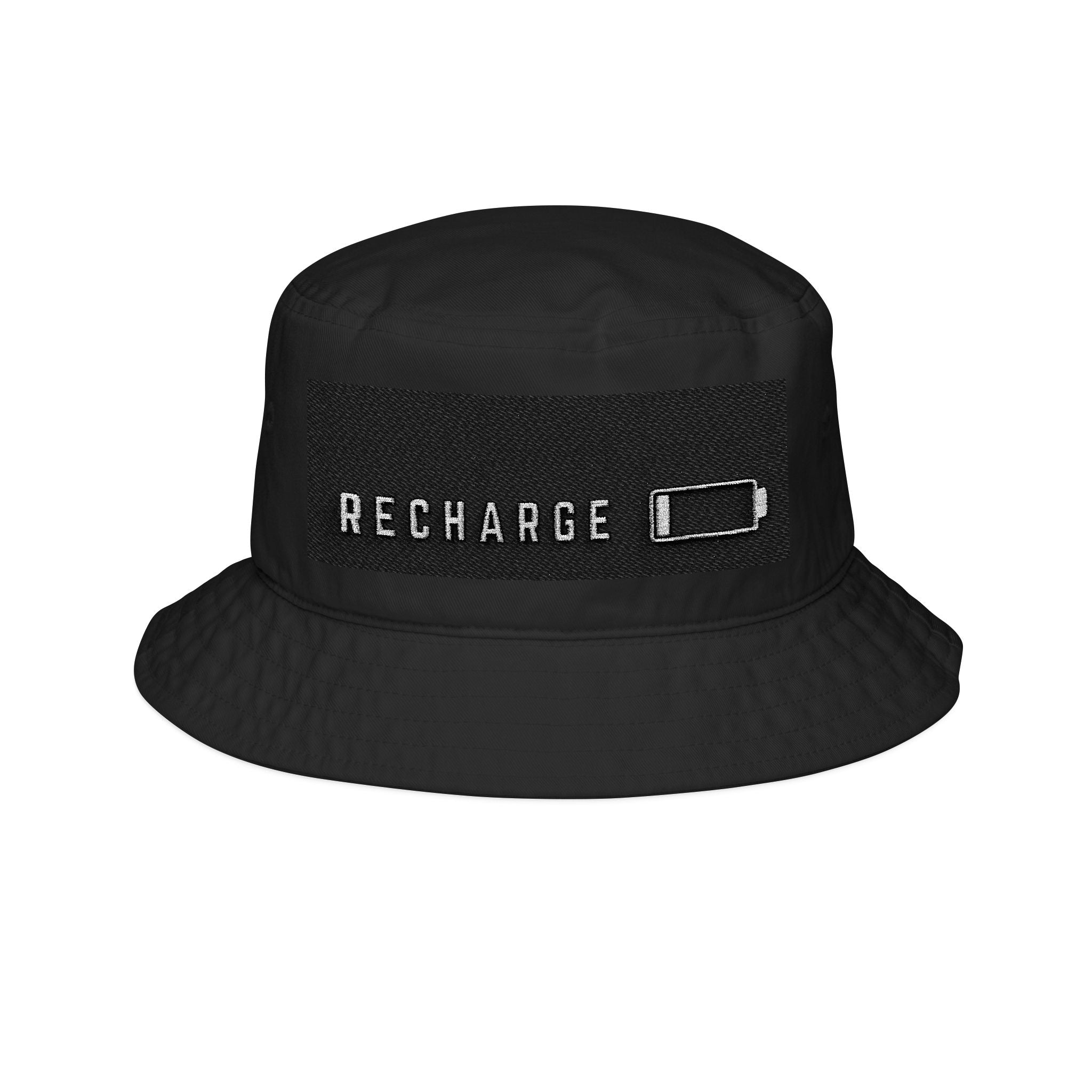 Recharge Embroidered Bucket Hat for rave, EDM, techno, trance, house, DJ, PLUR, peaceloveunityrespect, ElectronicDanceMusic, classy, moody, upbeat, musicfestival, loungewear, casual, ravewear, Flash, Lasers, Serif, Space, Wholesome, Community